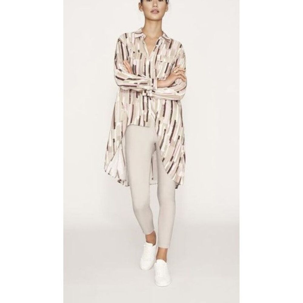 B NEW YORK Womens Beige Curved Hem Button Down Front Cuffed Sleeve Hi-Lo Top M